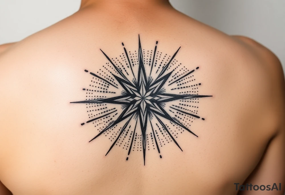 A highly artistic tattoo design with a central focus on a radiant star, symbolizing guidance and empowerment. black and white. small tattoo idea