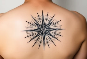 A highly artistic tattoo design with a central focus on a radiant star, symbolizing guidance and empowerment. black and white. small tattoo idea