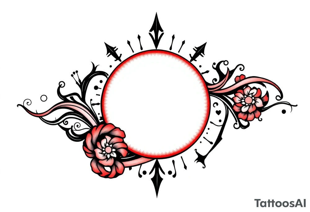 "Ultra-thin black and red tattoo line art, seamless forearm band (ratio 10:1).  

Основной узор:  
- Греческий меандр (ключевой орнамент) в виде единой непрерывной линии толщиной 1-2px  

Символы (минималистичные, графичные):  
1. ☀️ Красное солнце (простой круг с треугольными лучами)  
2. 🏃♂️ Бегущий человек (угловатый силуэт из 3-4 линий)  
3. 🐉 Дракон (зигзагообразная линия, напоминающая китайский иероглиф)  
4. 👽 Инопланетянин (треугольная голова с двумя точками глаз)  

Стиль:  
- Чистая графика, без теней и объемов  
- Все элементы являются частью меандра  
- Повторяющийся узор, идеально соединяющийся по краям  

Дополнительно:  
- Никаких фонов и лишних деталей  
- Сохранять монохромность (только черный и красный)" tattoo idea