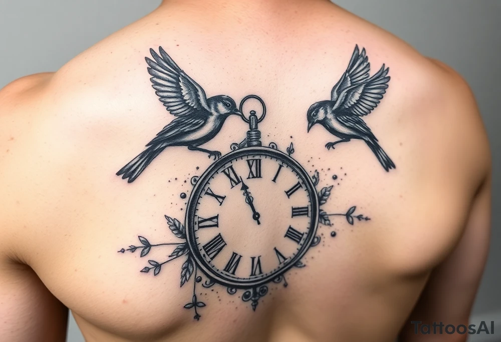 Water color and little black birds and a clock tattoo idea