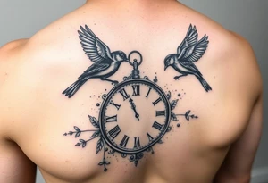 Water color and little black birds and a clock tattoo idea