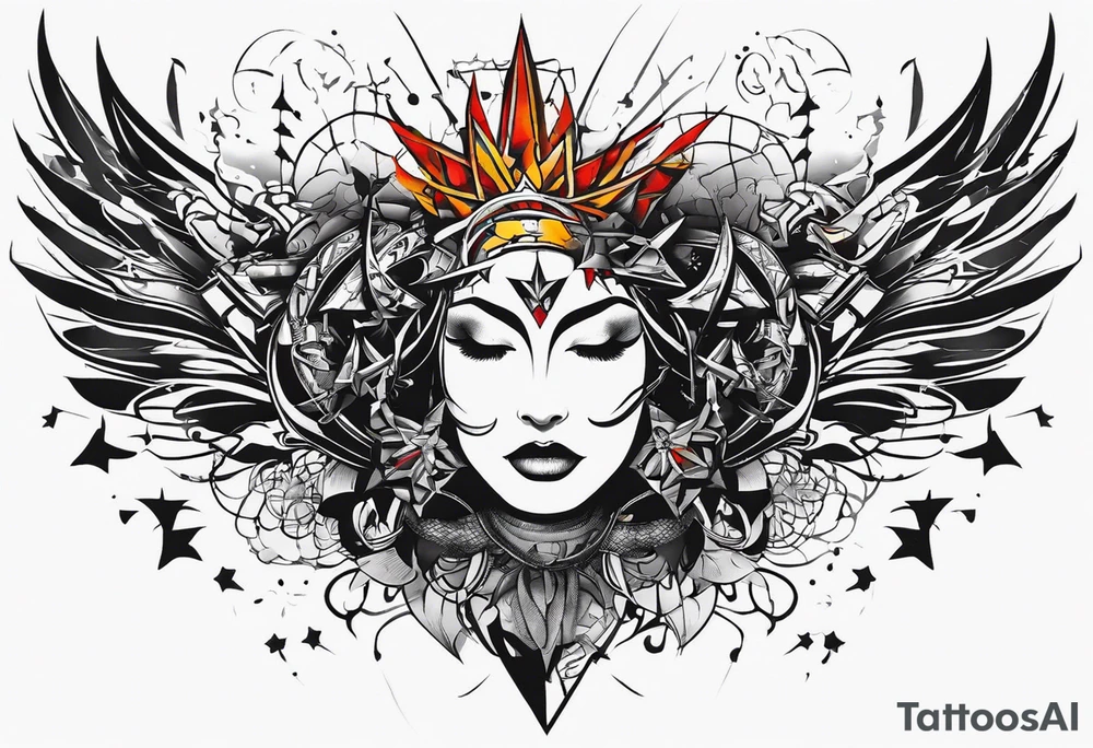 Wide tattoo that appears to be bursting out of the skin, symbolizing freedom. The tattoo should be vibrant and dynamic, with bold lines and colors that evoke a sense of liberation and empowerment. Consider incorporating elements broken chains and other symbols of freedom. The tattoo should be visually striking and thought-provoking. tattoo idea
