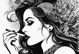 Woman smoking and ad the end ofmthe smoke apears a eye with a tear tattoo idea