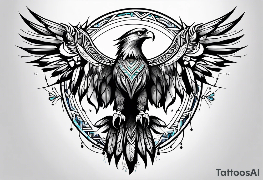 tribal eagle morphed with phoenix and human figure. dream catcher feathers. rebirth. light realm. tattoo idea