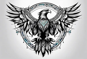 tribal eagle morphed with phoenix and human figure. dream catcher feathers. rebirth. light realm. tattoo idea