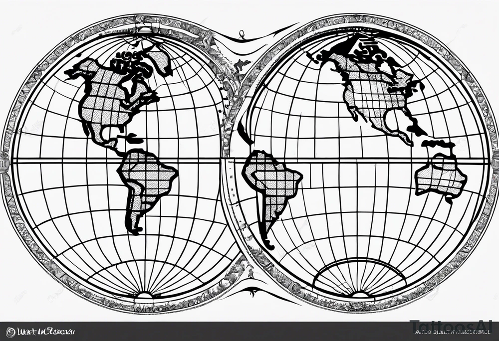 the earth on a flat map with no shading placed on a grid with only the lines with accurate depictions of the borders in countries while having it in an oval/circular position on a grid without any borders on the sides while having the countries not have such bold borders tattoo idea