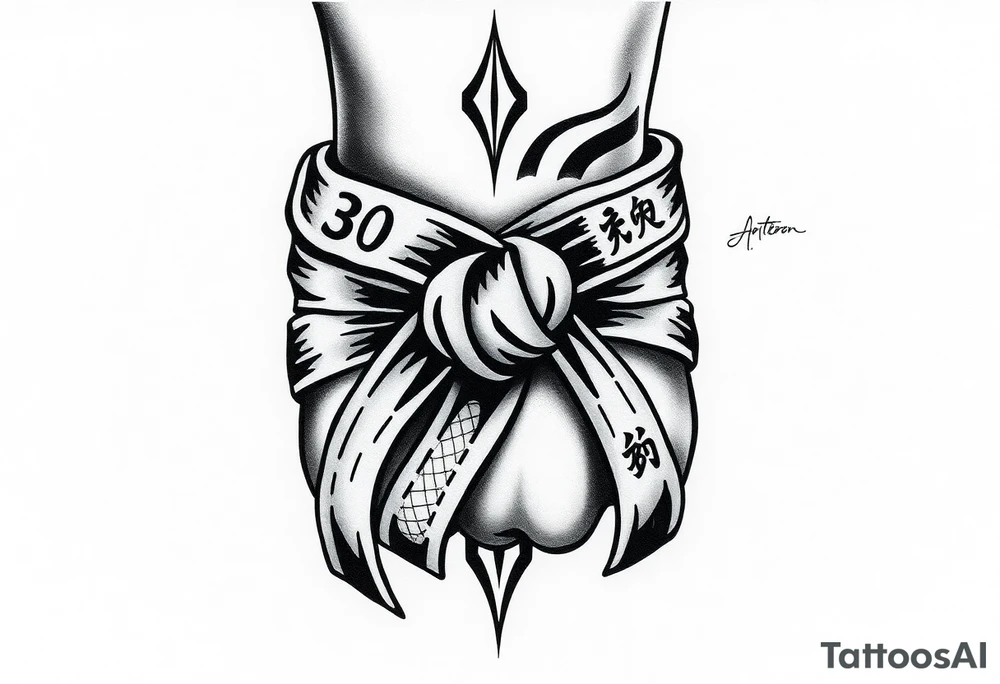 A realistic black and gray tattoo of a Brazilian Jiu-Jitsu black belt wrapping around the wrist like a bracelet. The belt is tied in a knot with one end showing the number 30 and the other showing 24. On the flat end of the belt, two Japanese kanji characters are inked in white: 成長 (growth) and 忍耐 (perseverance). The belt has subtle stitch marks and worn, textured shading for a slightly distressed, authentic look. tattoo idea