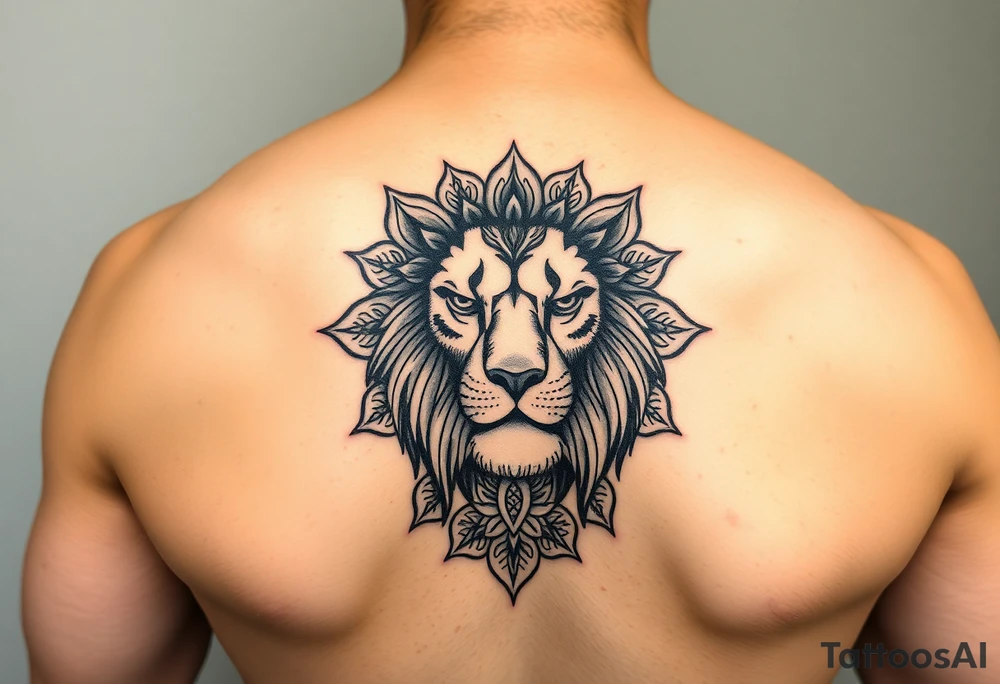 Detailed realistic lion head with mandala patterns around it that covers the hand and a small part of the fingers. tattoo idea