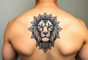 Detailed realistic lion head with mandala patterns around it that covers the hand and a small part of the fingers. tattoo idea