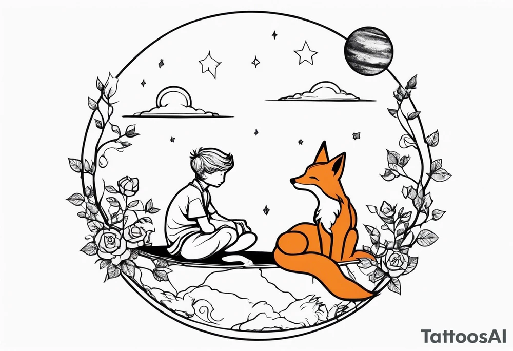 The Little prince sitting on his planet toghether with the fox on his planet besides his rose. Both are watching into the sky tattoo idea