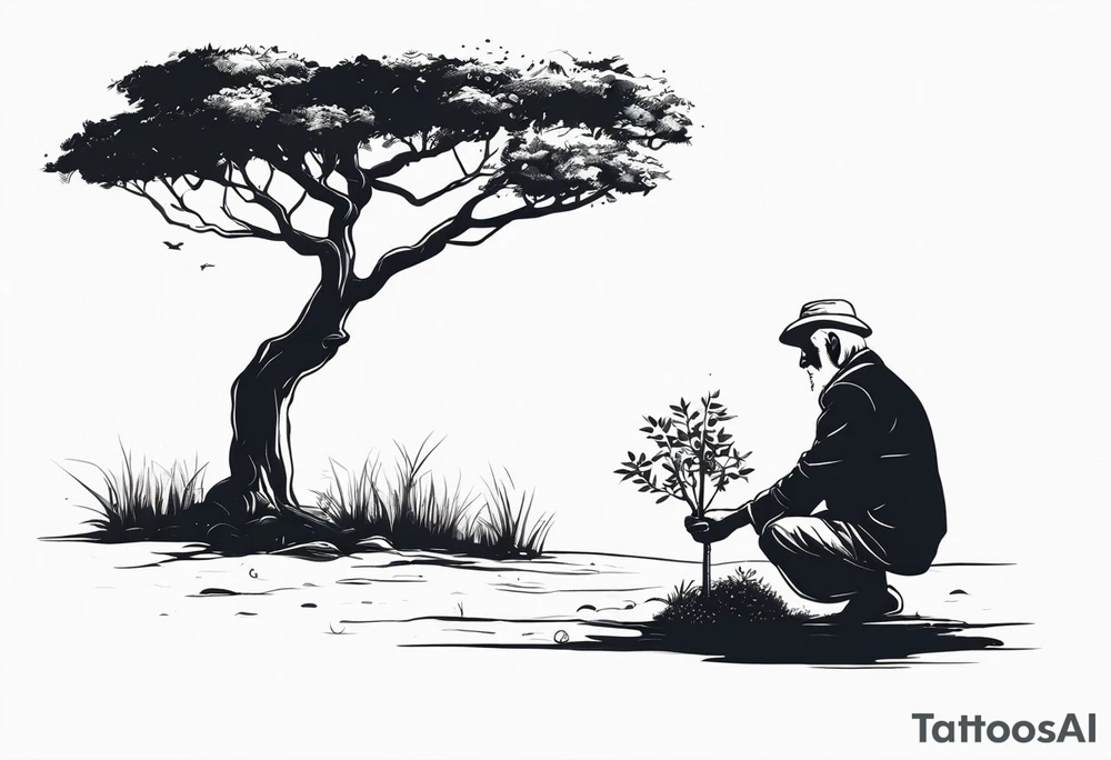 Old man planting a tree, than a young boy playing under a full grown tree. tattoo idea