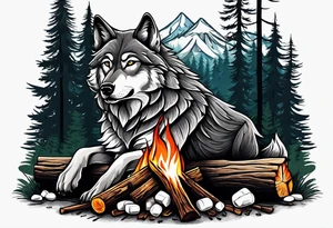 wolf at camp sitting on the log holding stick with marshmallows roasting over the campfire in the Forest tattoo idea