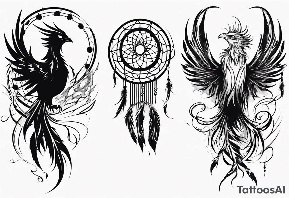 Vertical screaming Phoenix with abstract dream catcher tail tattoo idea