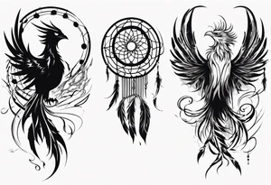 Vertical screaming Phoenix with abstract dream catcher tail tattoo idea