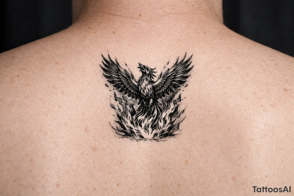 magnificent phoenix rising from golden flames with trailing embers tattoo idea
