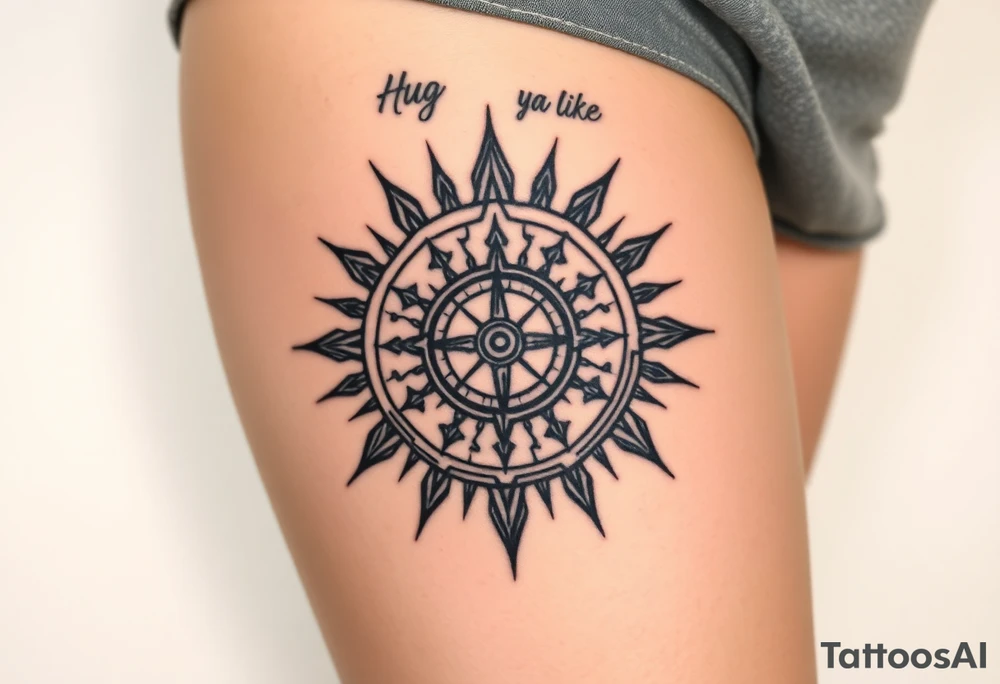 Sundial casting shadow with handwriting “Hug somebody ya like” above. tattoo idea