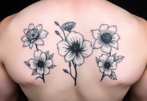 April, November and August birthflowers with July birthflower as filler tattoo idea