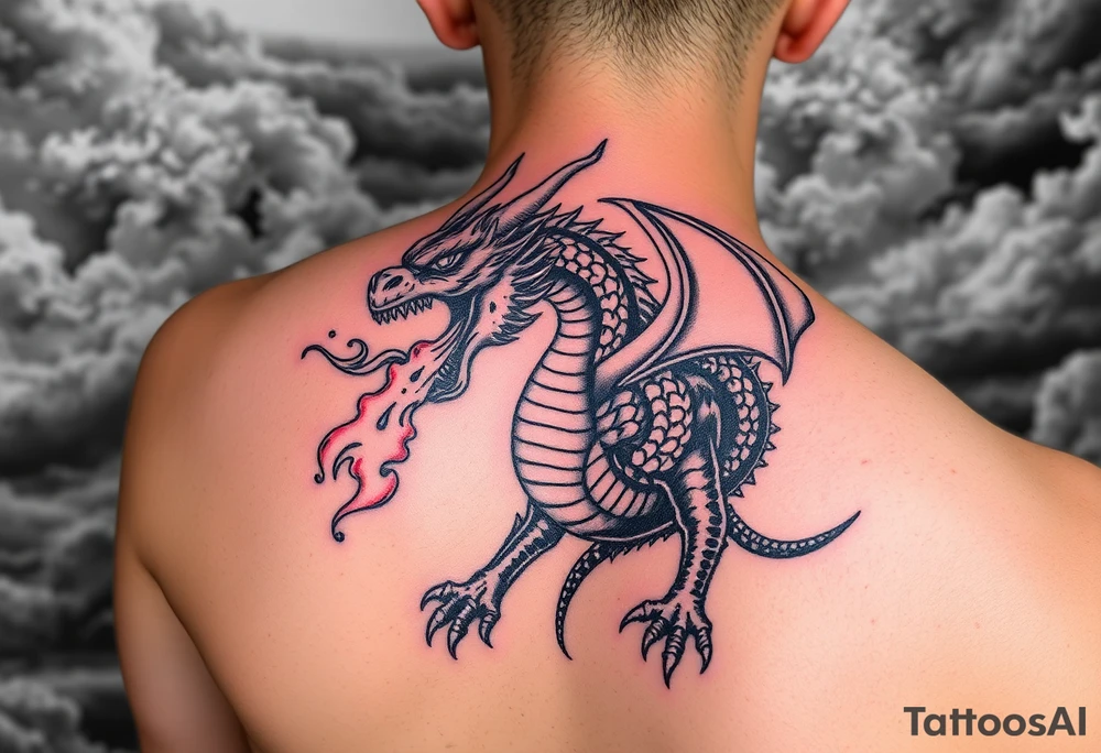 fierce dragon breathing iridescent fire against stormy skies tattoo idea
