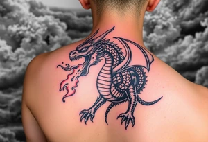 fierce dragon breathing iridescent fire against stormy skies tattoo idea