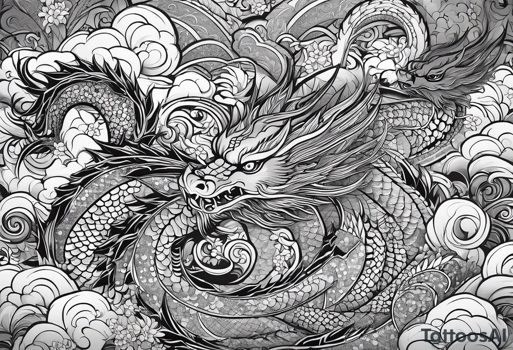 vietnamese patterns, black and white, full back, include a dragon tattoo idea