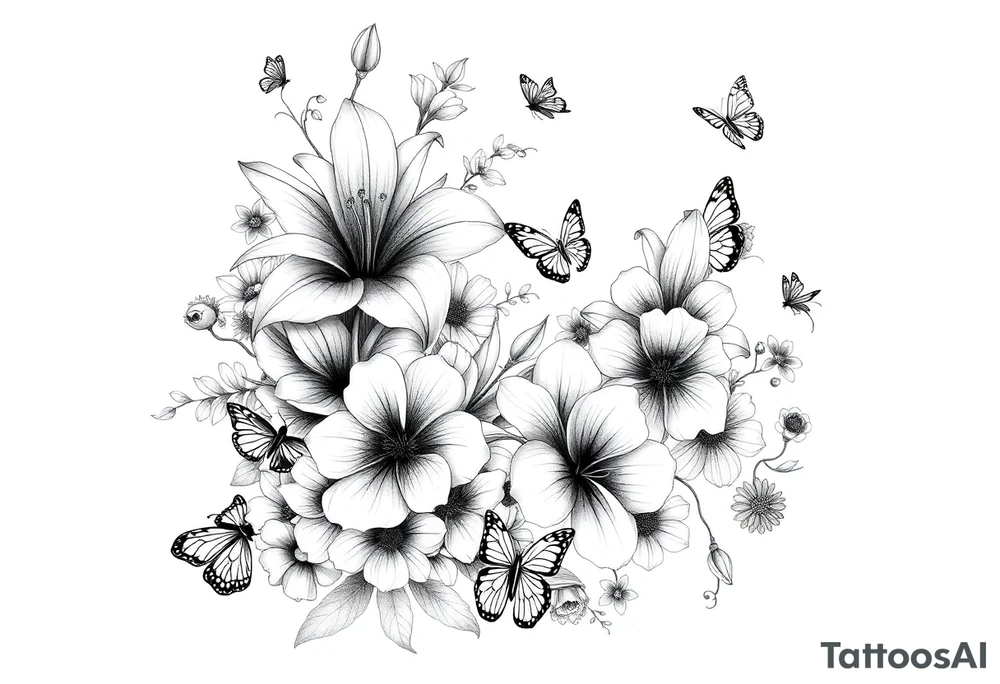 Calia Lily, rose, gadiolus, carnation,Narcissus,poppy, aster, violet ,chrysanthemum, lily of the valley and water lily sleeve on upper arm and shoulder  with butterfly and bumblebees and dragonflies on skin tattoo idea