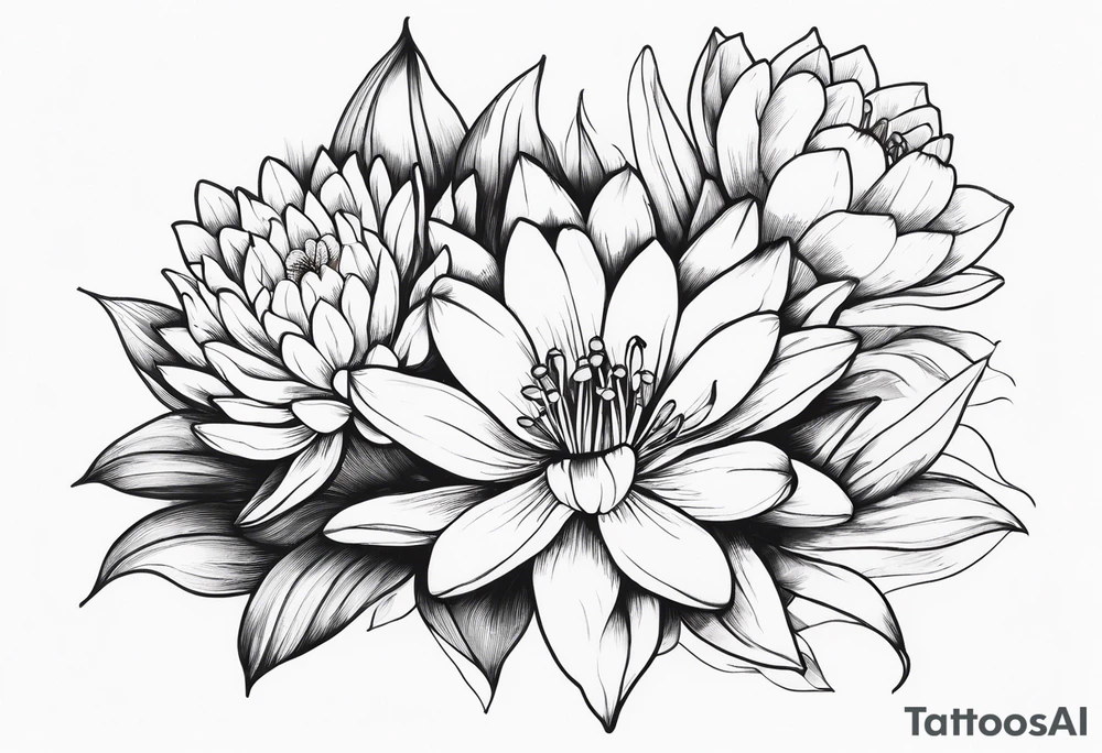 Water Lily, Lily of the Valley, Narcissus, and Gladiolus flower bouquet tattoo idea