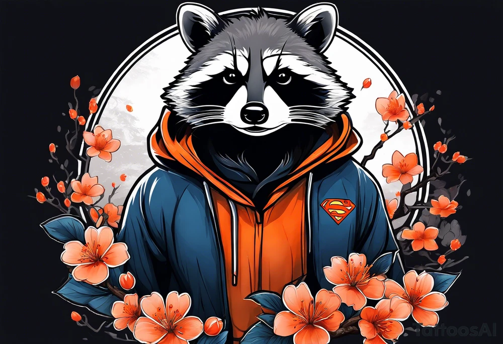Raccoon wearing a white Superman logo on a black hoodie and orange Japanese cherry blossoms beside tattoo idea