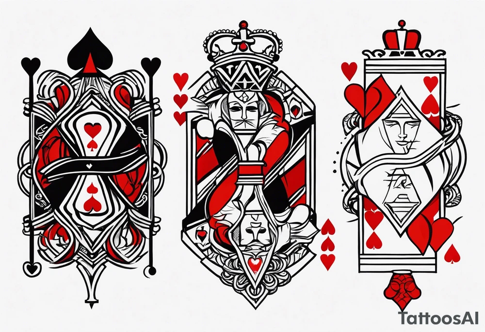 one combined tatto in minimalistic style with icon style three king of spades and icon style one queen of hearts. extreme minimalstic and few lines. much more minimlastic and fewer lines tattoo idea