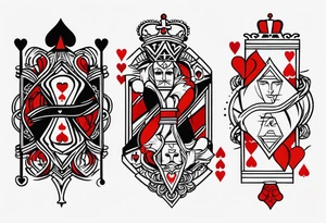 one combined tatto in minimalistic style with icon style three king of spades and icon style one queen of hearts. extreme minimalstic and few lines. much more minimlastic and fewer lines tattoo idea