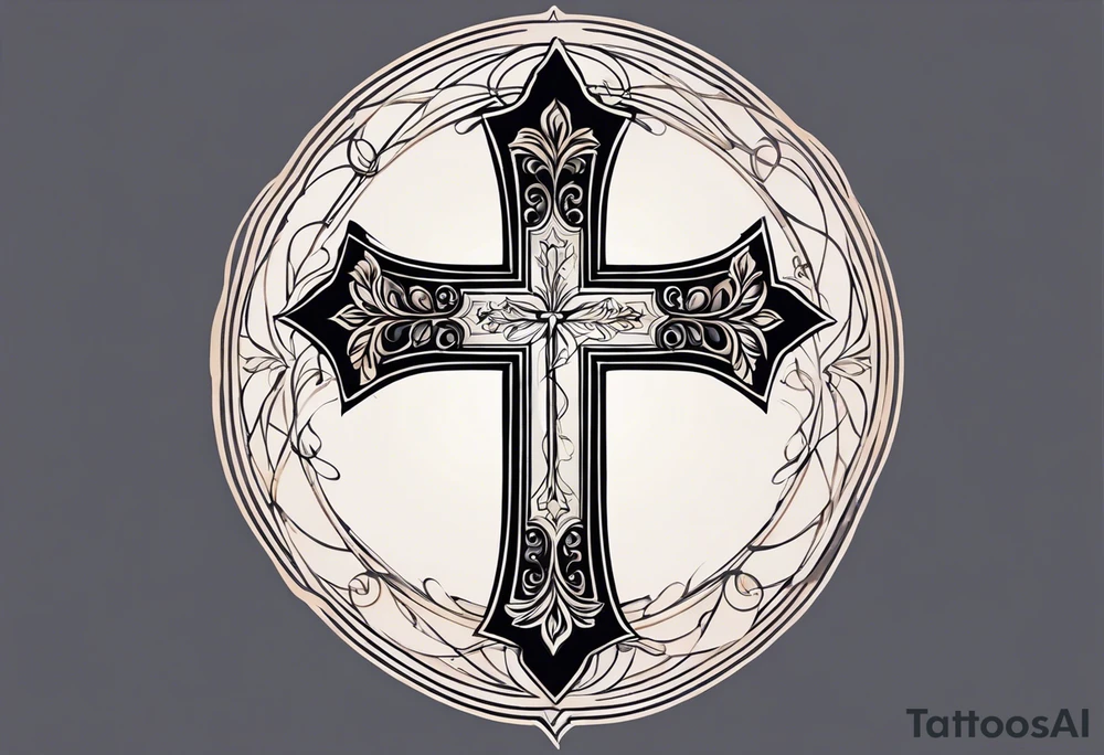 Tattoo: A refined cross with a soft halo on top of it, symbolizing light and spirituality. Delicate rays extend outward from the halo, adding a subtle glow and depth. The cross itself is simple and elegant, with potential for small, intricate line details within the design. tattoo idea