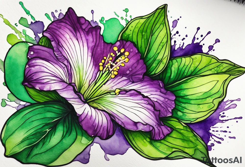 An outline of an only green rio dipladenia flower and a green and purple watercolor splash in the background tattoo idea