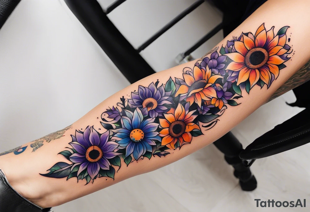 Full leg sleeve with purple, orange and blue sunflowers tattoo idea