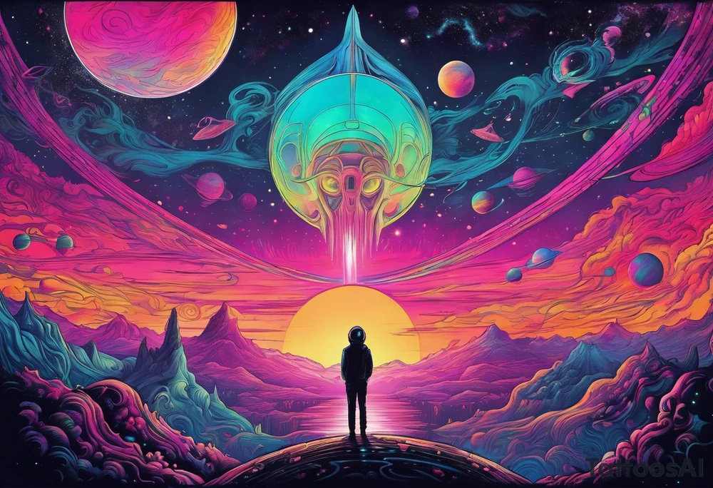 Full Back, synthwave, colossal Alien entities and space stuff, small human on The foreground in awe of The sheer scale of The infinite universe, More absurdist Aliens tattoo idea