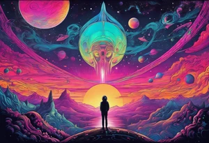 Full Back, synthwave, colossal Alien entities and space stuff, small human on The foreground in awe of The sheer scale of The infinite universe, More absurdist Aliens tattoo idea