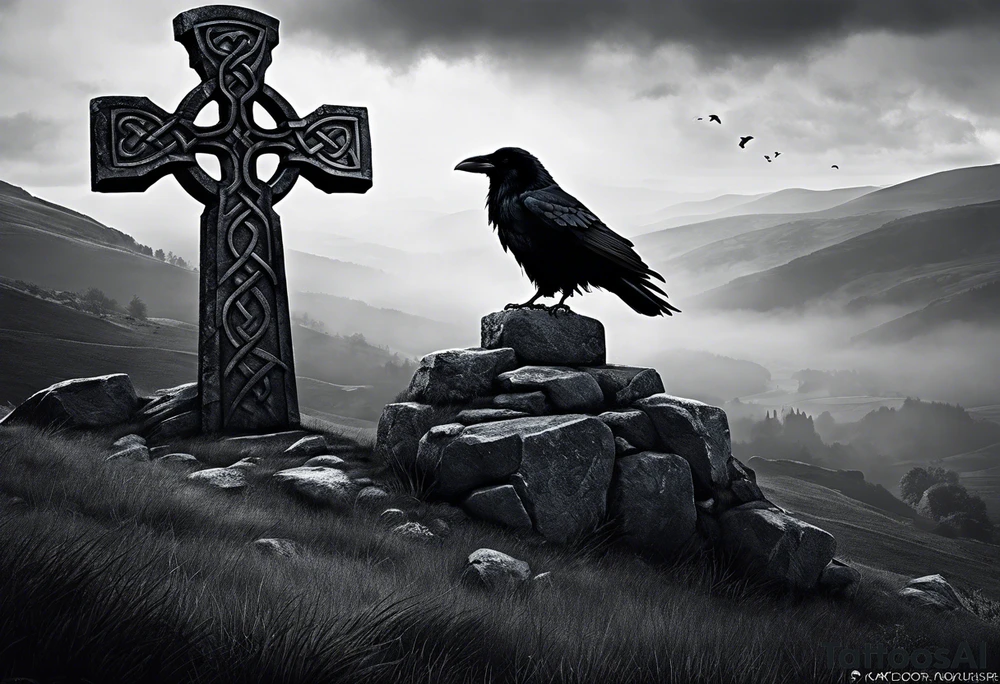 A stone Celtic cross solemnly standing atop a hill, a raven perches atop the cross staring out over the desolation. A ruined stone wall lies crumbling near the cross. Mist rolls along the hilltops adding to the melancholic nature of the scene tattoo idea