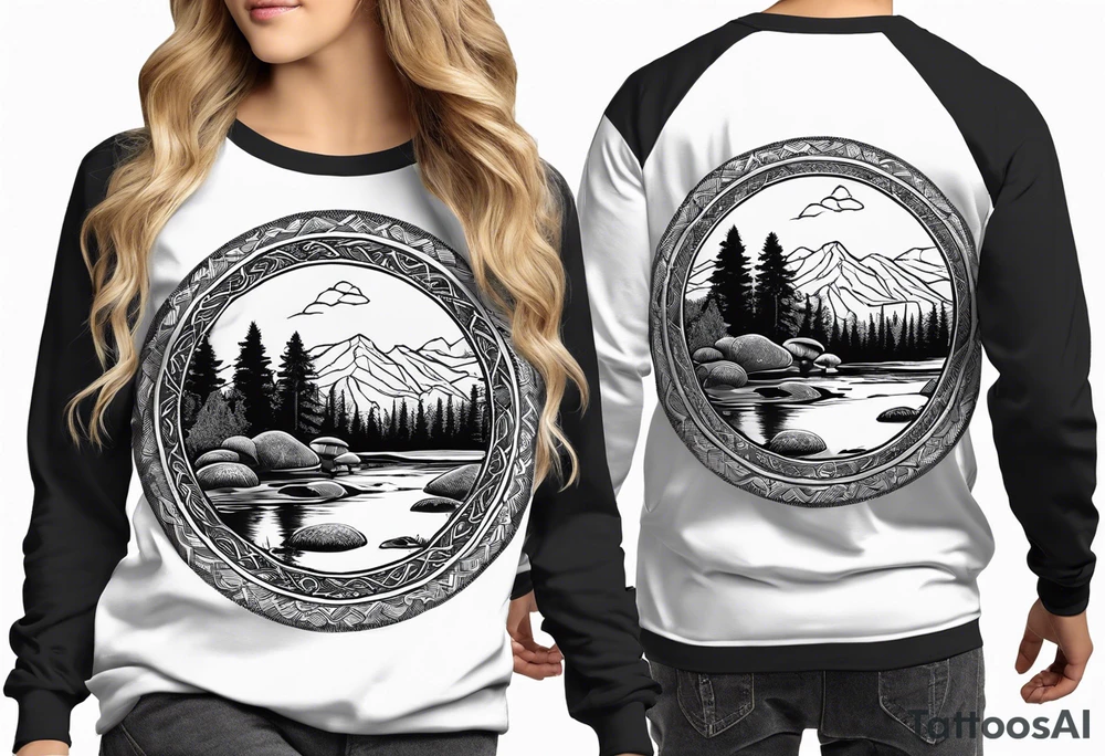 Whole picture encircled fully

Straight long blonde hair hippie girl in distance holding mushrooms in hand facing away toward mountains and creek surrounded by mushrooms long sleeve shirt and hiking pants; whole rendering within a full celtic circle border, no cut off circle tattoo idea