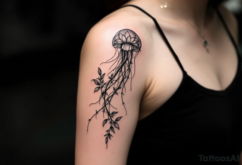 fine-line tattoo, single jellyfish, flowers butterflies composition, jellyfish bell blossoms, butterfly wing dome, flowing trailing tentacles, floral vine tentacles, tentacle streamers, overlapping blossom bell, minimalist elegant design, nature-inspired, delicate black grey lines, soft shading, no outlines, outline-free design, floral jellyfish, botanical sea creature, organic flow, upper arm shoulder placement, light airy feel, poetic minimalism, vine-shaped tentacles, petal tentacle flow, blossom bell composition, wing dome structure, delicate linework, soft botanical shading, nature creature fusion, minimalist intricacy, elegant simplicity, flowing organic movement, shoulder arm curve, lightweight design, subtle detail work, refined botanical elements, understated complexity, clean minimalist lines, gentle nature fusion, trailing floral streamers, jellyfish bell florals, butterfly wing bell, flowing tentacle vines tattoo idea