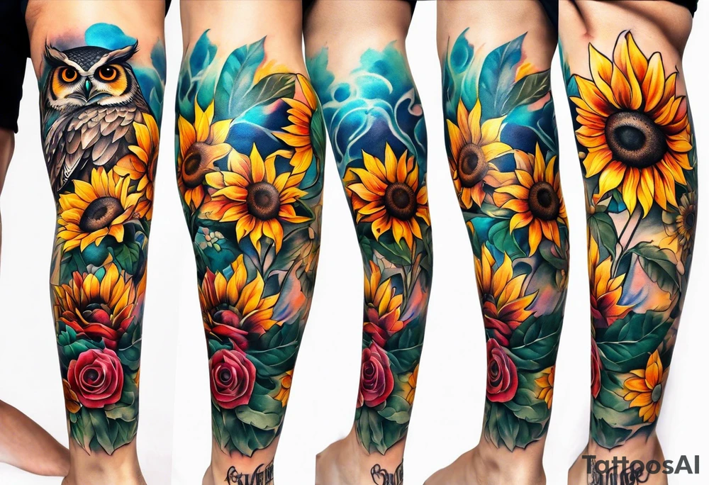 Leg sleeve with colorful sunflowers and an owl tattoo idea