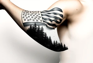 American flag with forest and water below tattoo idea