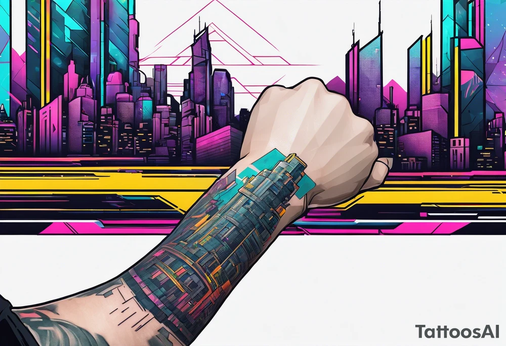 cyberpunk 2077, forearm tattoo, geometric, subtle, men, city skyline, 4k tattoo idea