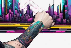 cyberpunk 2077, forearm tattoo, geometric, subtle, men, city skyline, 4k tattoo idea