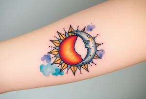 celestial sun and moon embrace with constellation patterns tattoo idea