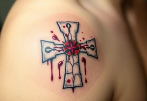 A cracked stone Templar cross with blood splatters, evoking the battle-worn history of the Knights Templar tattoo idea