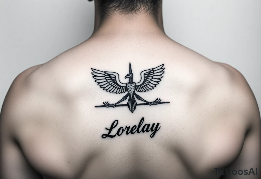 Crea un diseño significativo sobre la cultura egipcia y que tenga el nombre escrito por de bajo del diseño el nombre de mi hermana Lorelay para la parte baja del bíceps tattoo idea