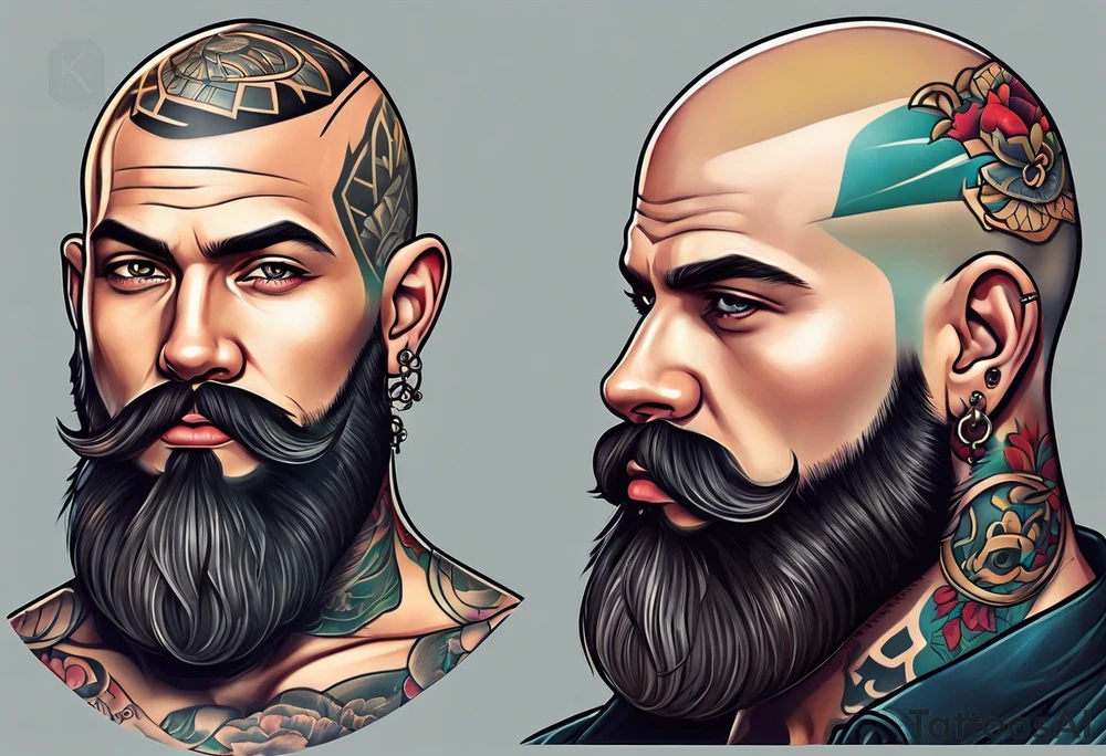 Male, slim oval face, sunken eyes, no hair on sides and pony-tail on top, mechanic tattoo idea