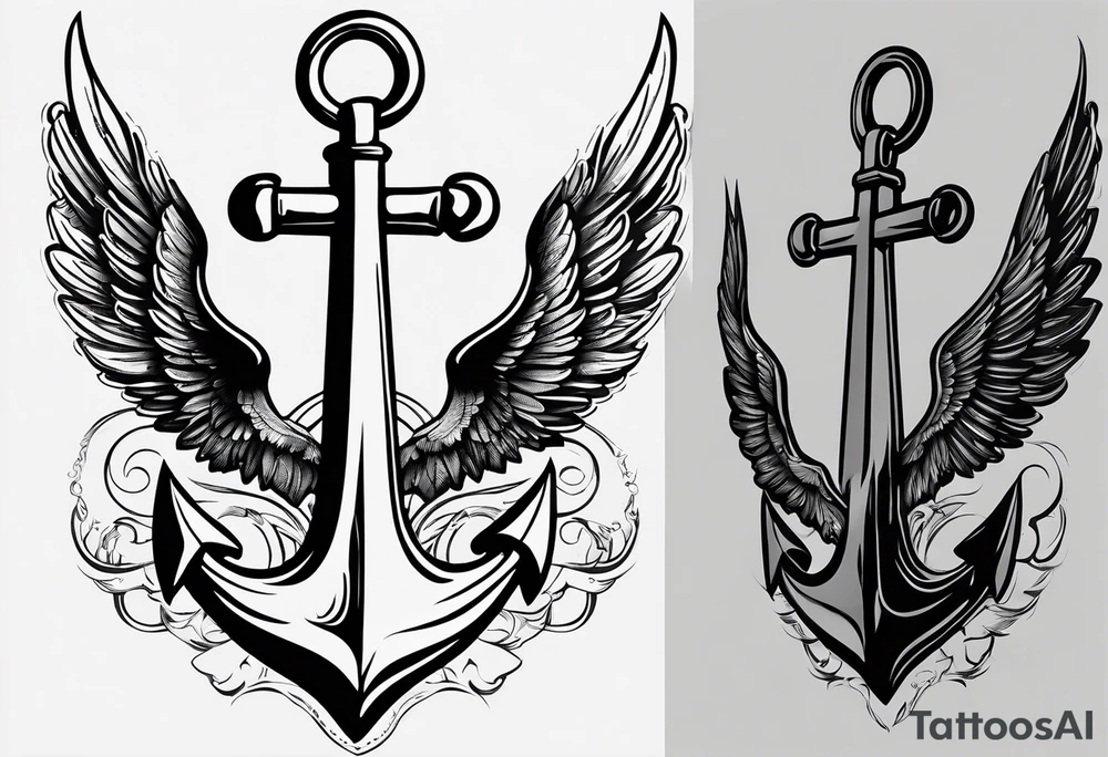 a ship anchor with an s through the anchor and angle wings on the left and right side tattoo idea