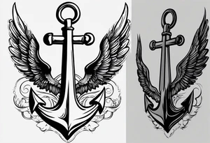a ship anchor with an s through the anchor and angle wings on the left and right side tattoo idea