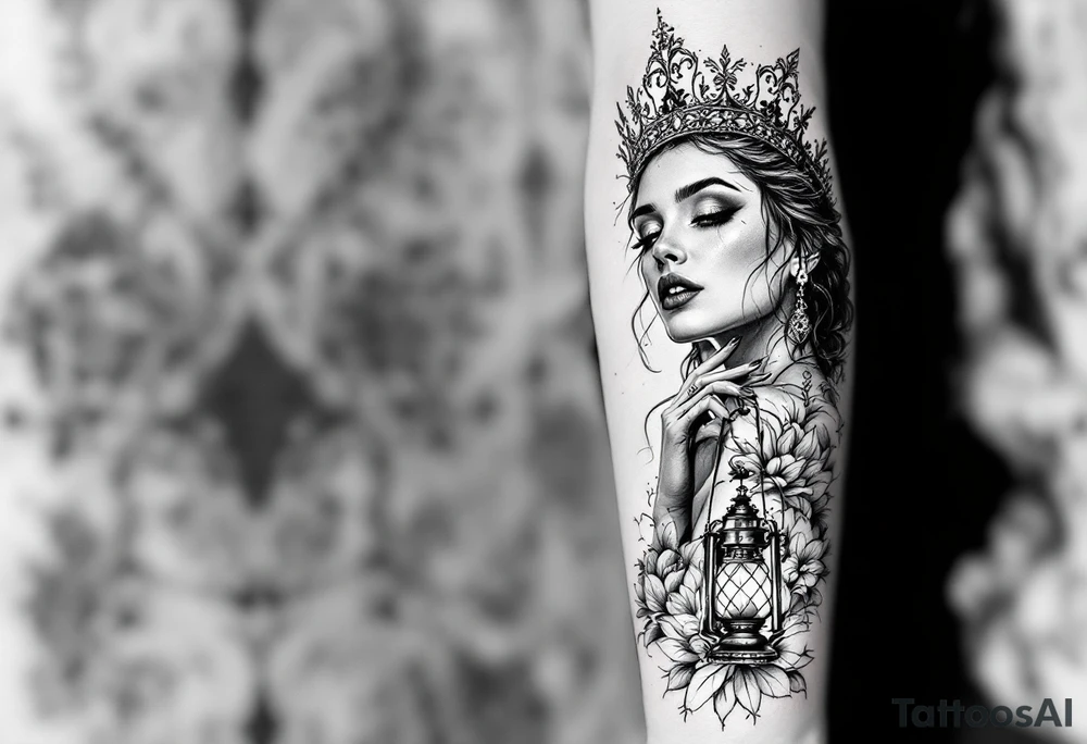 woman with crown an lantern tattoo idea