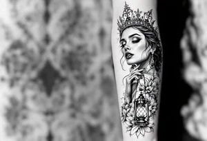 woman with crown an lantern tattoo idea