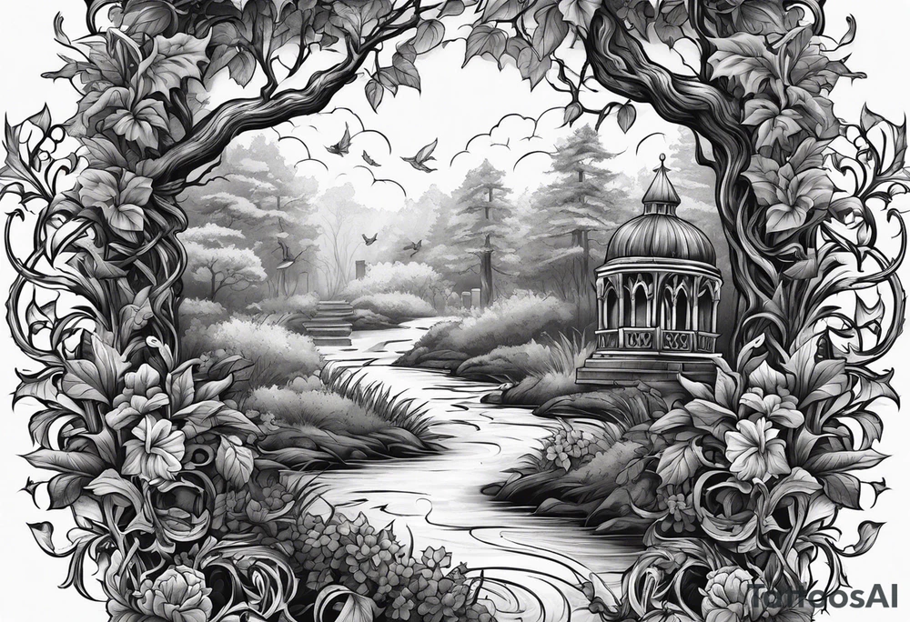 Leafy vines with grave yard tattoo idea